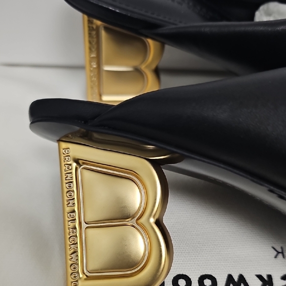 Brandon Blackwood Black Leather Knotted Mule Sandals with Gold B-Heel - Picture 2 of 15